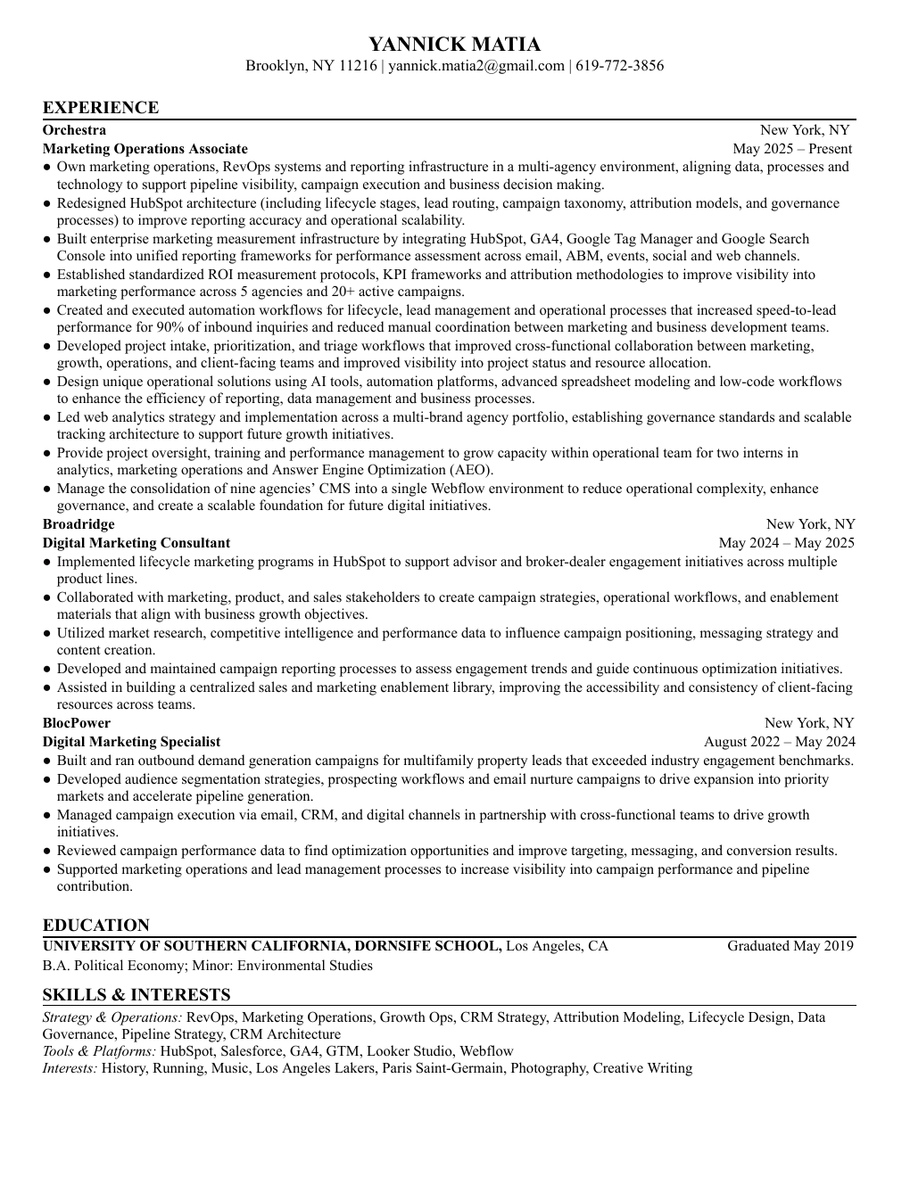 Preview of Yannick Matia's one-page résumé